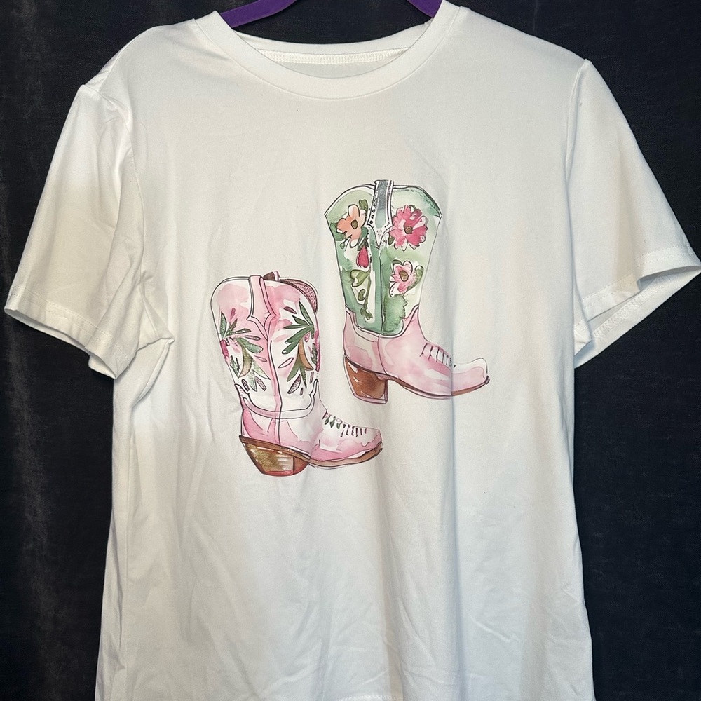 White T-Shirt with Floral Cowboy Boots Print